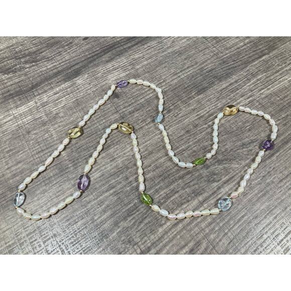 Baroque Fresh Water Rice Pearl Strand Necklace Semi Precious Stones 28.5” - Picture 6 of 9